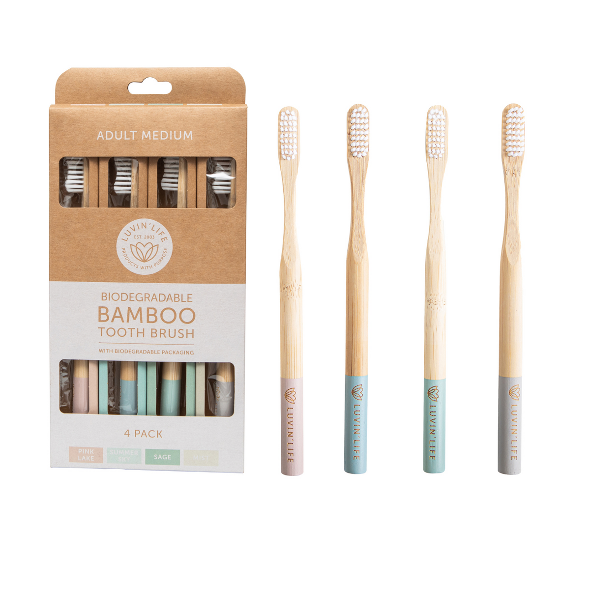 Medium Toothbrush 4 Pack Pink Lake/Summer Sky/Sage/Mist - Health & Eco